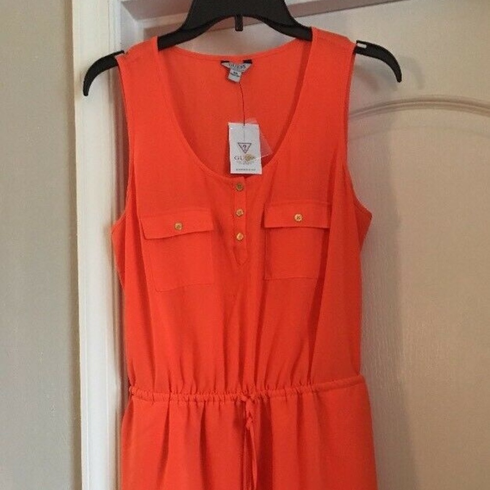 Guess Sleeveless Orange Shirt Dress Gold Buttons M